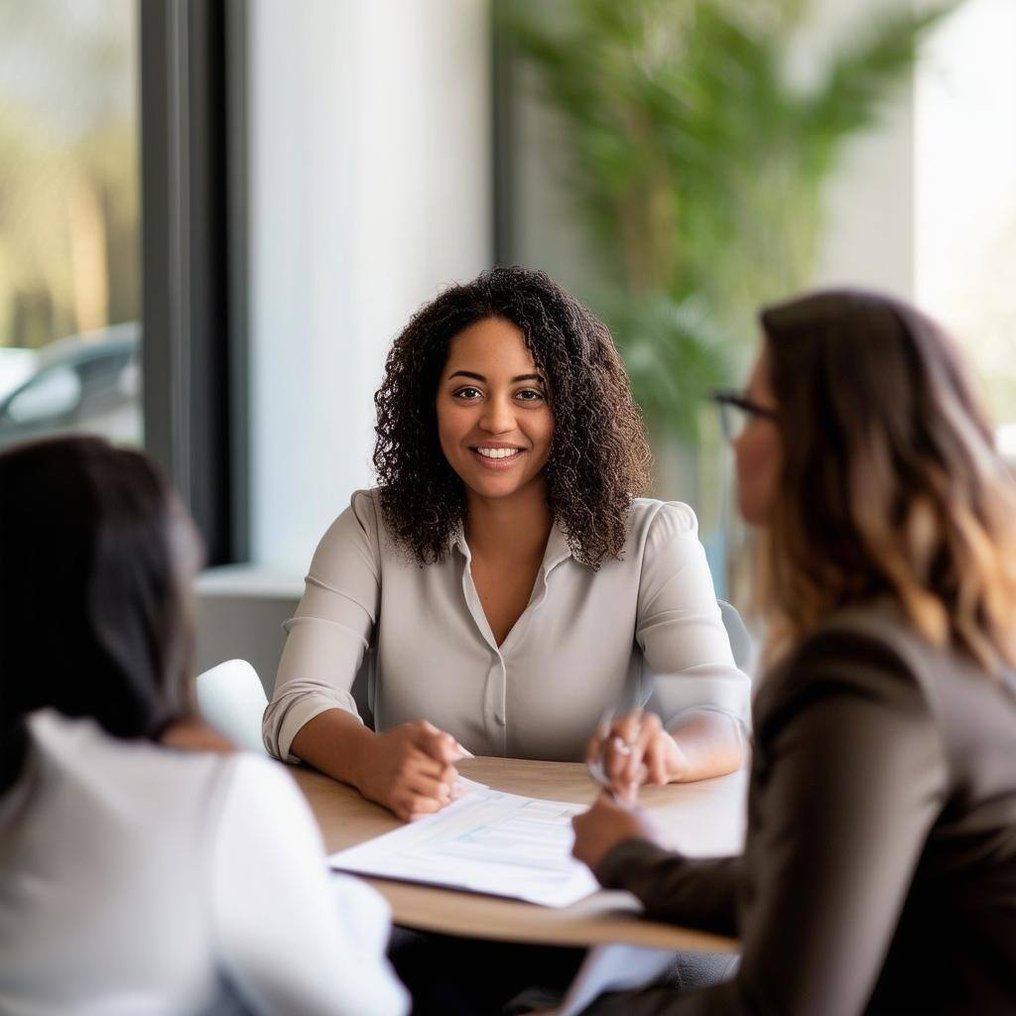 female loan officer sitting with clients california female loan officer sitting with clients california
